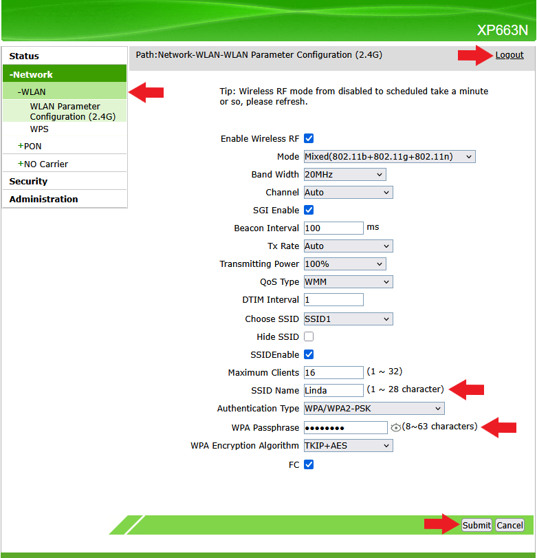 Menu WLAN XP663N